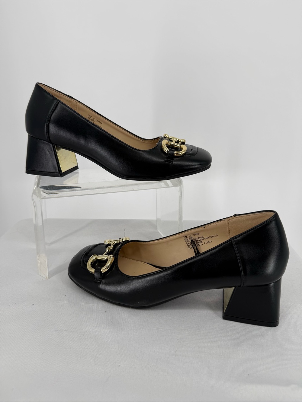 Liz Claiborne Black Leather Block Heel Pumps with Gold Horse-bit. Size  7